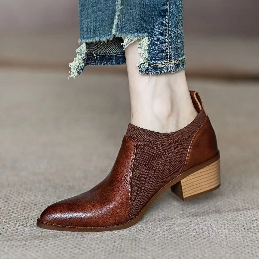 Wenkouban Autumn New Soft Work Shoes,Women Mid Heels,Stretch,Pointed Toe,Slip On British Style