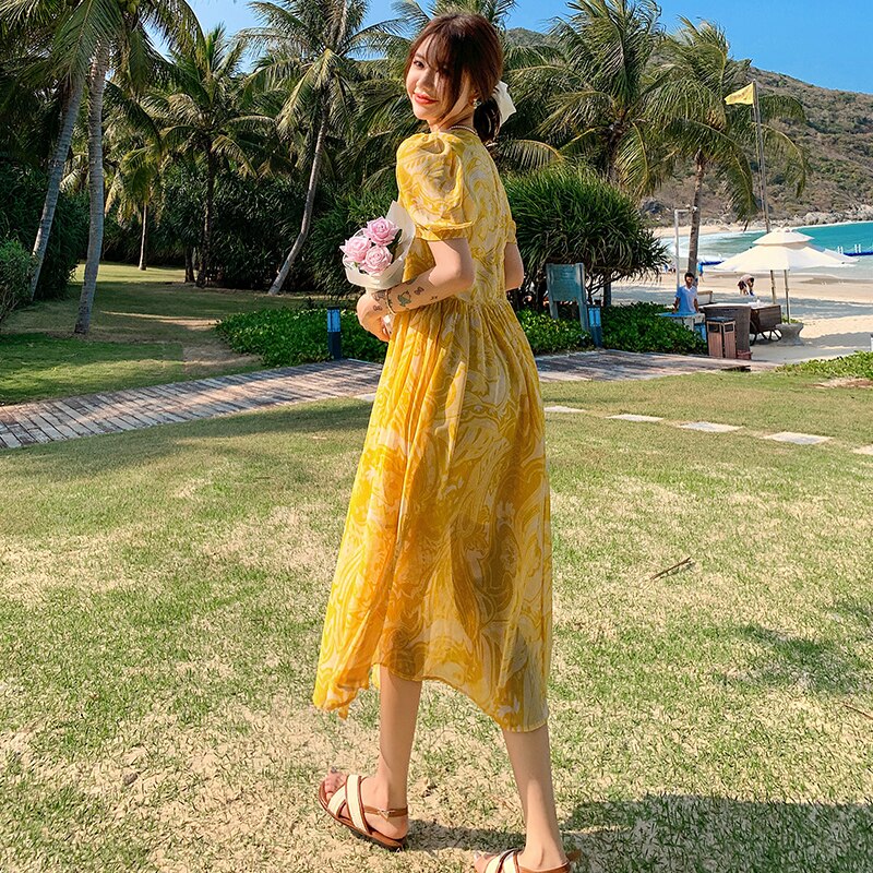 Wenkouban Summer Bohemian Yellow Women's Senior Sense Chiffon V-neck High Waist Thin Temperament Elegant Fashion Seaside Resort Long Dress