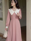 Wenkouban French Vintage Elegant Peter Pan Collar Pink Long Dress Women Spring Autumn Fashion Sweet design Ladies Loose Casual Midi Dress