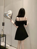 Wenkouban Dresses For Women 2023Sweet Bow Spaghetti Strap Pearl Decoration Mini Dress one piece Slash Neck Elegant Birthday Party Dress