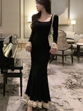 Wenkouban-Christmas Outfit New Year's Eve Dress party look inspos Casual Women's Dresses Square Collar Flare Long Sleeve Patchwork Mermaid Evening Party Long Dress Elegant Bodycon Vestidos Mujer