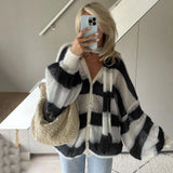 Wenkouban Fashion Striped Sweater Cardigan With Scarf Female Loose Thin Hollow Knitted Top Lantern Sleeve Contrast Color Retro Top