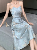 Wenkouban-Christmas Outfit New Year's Eve Dress party look inspos Summer Sleeveless Women Casual Floral Print Midi Dress Spaghetti Strap Elegant Slim Party Birthday Robe Female Vestidos Clothes