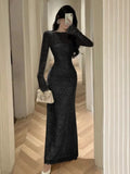 Wenkouban-Christmas Outfit New Year's Eve Dress party look inspos Vintage Sexy Lace Bodycon Midi Dresses for Women 2024 Autumn New Elegant Evening Party Prom Solid Long Sleeve Female Clothes New