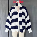 Wenkouban Fashion Striped Sweater Cardigan With Scarf Female Loose Thin Hollow Knitted Top Lantern Sleeve Contrast Color Retro Top