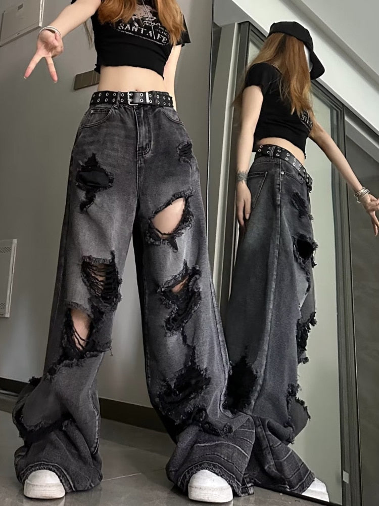 Wenkouban Niche Design Jeans, High Street Heavy Industry Wide Leg Pants, High-end Floor Length Pants, Trendy Brand Women's Jeans