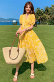 Wenkouban Summer Bohemian Yellow Women's Senior Sense Chiffon V-neck High Waist Thin Temperament Elegant Fashion Seaside Resort Long Dress