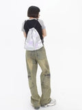 Wenkouban Vintage Street Deconstructed Design Sense Jeans Yellow Mud Dyed Old Vintage Straight Tube Loose Wide Leg Pants Women's Jeans