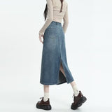 Wenkouban Retro Denim Skirt For Women Spring And Autumn New Summer Mid Length Slim A-line Split Long Skirt Skirt