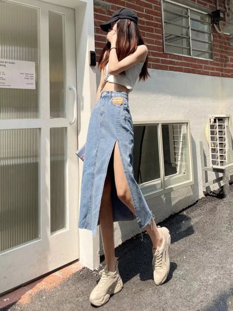 Wenkouban Ins Simple Fashion Skirt Printing New Natural Waist Trend Japanese Long Skirt Female Solid Color Street A-line Skirt