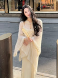 Wenkouban 2023 Autumn Elegant Knitted Dress Suits Women Casual Korean Style Party 2 Piece Dress Set Office Lady Sweater Coats + Midi Dress