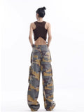 Wenkouban Loose Splashed Ink Speaker Camouflage Pants Trendy Hip-hop Vintage Versatile Work Clothes Pants Wide Leg Pants Women's Jeans