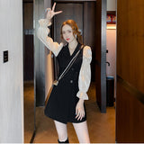 Wenkouban Korean Black Patchwork Short Dresses Women 2023 Autumn New Fashion Slim Office Lady Notched Collar Long Sleeves Female Clothing