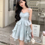 Wenkouban Women's Sexy Mini Dress, Sleeveless, High Waist, Ruffle, Kawaii, Japanese, Young Girl, Casual Sundress, Summer, 2024