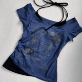 Wenkouban-Retro Millennium Blue Fake Two Piece Halter Neck Letter Print T-Shirt Women Fashion Street Hot Girl Slim Fit Casual Y2K Top