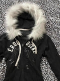 Wenkouban-American Gothic Letter Print Retro Fur Collar Black Zipper Hoodie Y2K Millennial Hot Girl Slim Warm Harajuku Street Casual Top