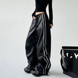 Wenkouban-Y2K Fashion Black PU Leather Side Striped Casual Pants Women Retro Street Hot Girls Loose Harajuku High Waist Straight Pants