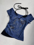 Wenkouban-Retro Millennium Blue Fake Two Piece Halter Neck Letter Print T-Shirt Women Fashion Street Hot Girl Slim Fit Casual Y2K Top
