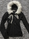 Wenkouban-American Gothic Letter Print Retro Fur Collar Black Zipper Hoodie Y2K Millennial Hot Girl Slim Warm Harajuku Street Casual Top