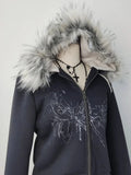 Wenkouban-Y2K Gothic Diamond Printed Fur Collar Zip Hoodie Women Retro Millennium Hot Girl Slim Warm Harajuku Korean Street Casual Hoodie