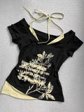 Wenkouban-American Strappy Letter Print T-shirt Women Retro Streetwear Hot Girl Slim Fit Millennial Fashion Street Trend Casual Y2K Top