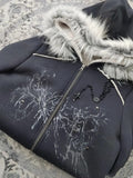 Wenkouban-Y2K Gothic Diamond Printed Fur Collar Zip Hoodie Women Retro Millennium Hot Girl Slim Warm Harajuku Korean Street Casual Hoodie