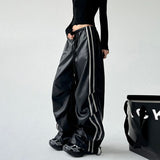 Wenkouban-Y2K Fashion Black PU Leather Side Striped Casual Pants Women Retro Street Hot Girls Loose Harajuku High Waist Straight Pants