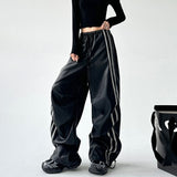 Wenkouban-Y2K Fashion Black PU Leather Side Striped Casual Pants Women Retro Street Hot Girls Loose Harajuku High Waist Straight Pants