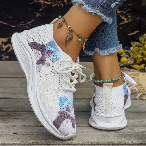 Wenkouban - White Casual Sportswear Daily Frenulum Printing Round Mesh Breathable Comfortable Out Door Shoes