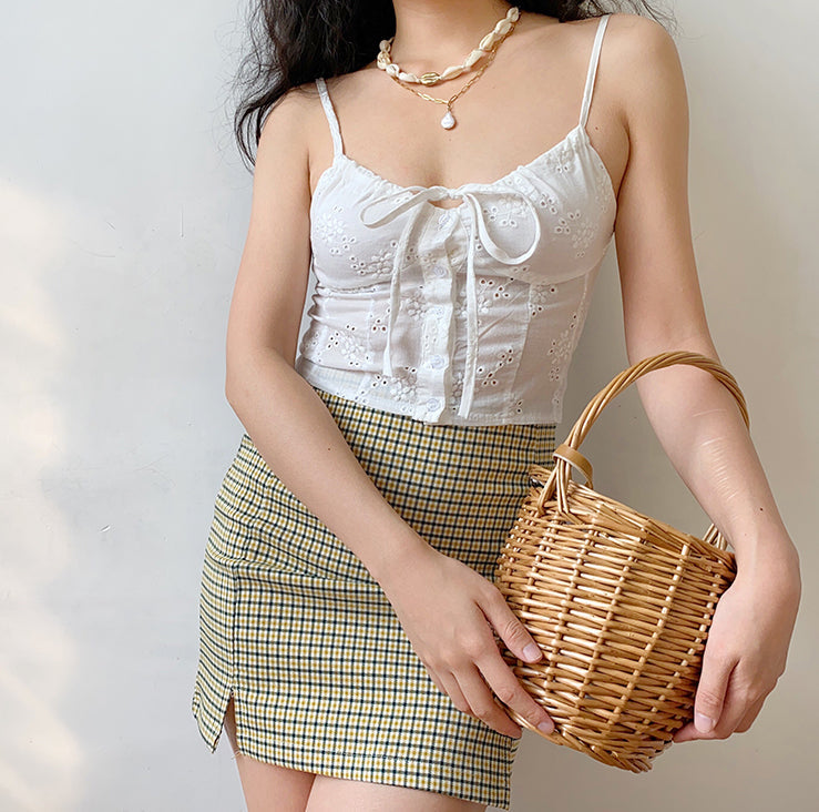 Wenkouban - Olive Check Mini Skirt