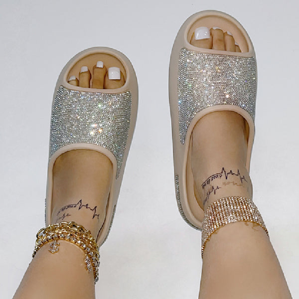 Wenkouban - Apricot Casual Daily Living Patchwork Rhinestone Round Comfortable Shoes