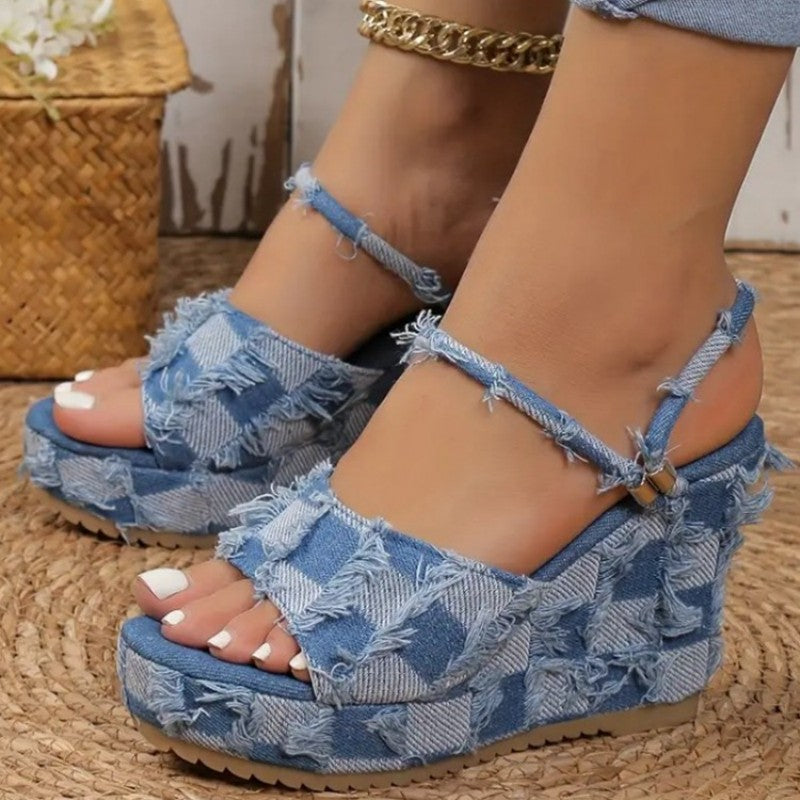 Wenkouban - Light Blue Casual Patchwork Fish Mouth Out Door Wedges Shoes