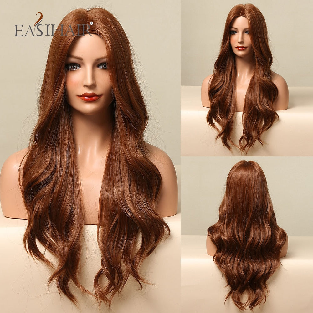 Wenkouban  Long Body Wave Wigs Ombre Black Brown Blonde Synthetic Wig Cosplay Middle Part Natural Heat Resistant Wig For Women