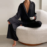 Wenkouban Oversized Satin Silk Sleepwear Low Cut Sexy Pajamas For Women Single-Breasted Long Sleeves Wide Leg Pants Trouser Suits