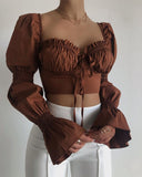 Graduation Gifts Puff Long Sleeve Ruffle Lace-up T-Shirt Elegant Fashion Women Square Collar Bustiers Crop Tops Autumn Winter Clothes