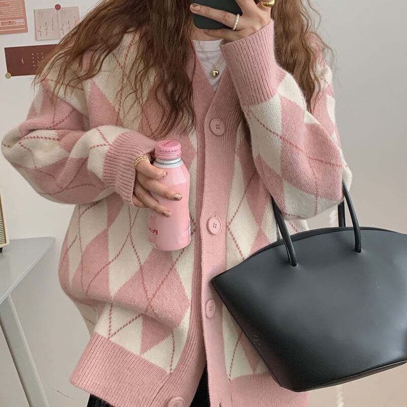 Wenkouban Cardigan Women Winter Chic Sweater Jacket Girl Knitted Argyle Coat Loose All Match Student Korean Knitwear Pink Tops Sweat Femme