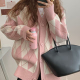 Wenkouban Cardigan Women Winter Chic Sweater Jacket Girl Knitted Argyle Coat Loose All Match Student Korean Knitwear Pink Tops Sweat Femme