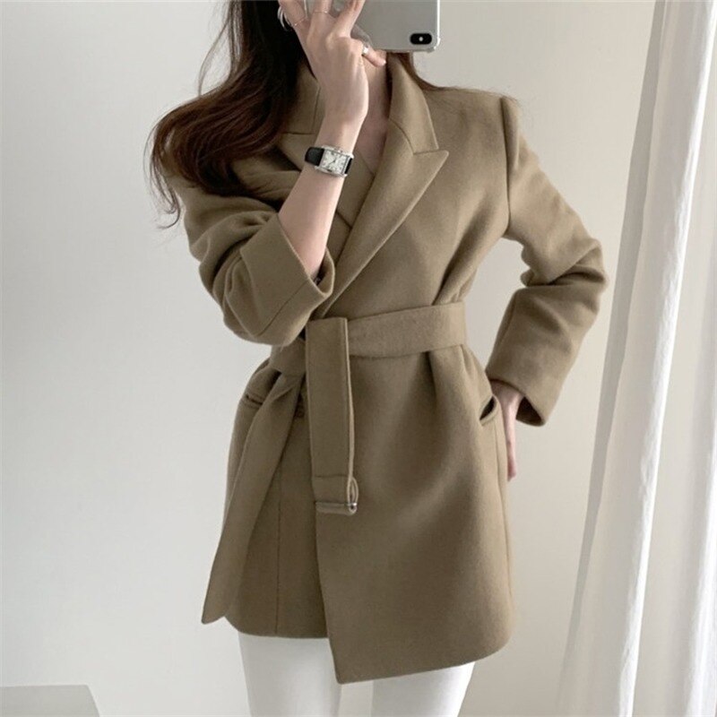 Wenkouban Christmas Gift Mazefeng New 2023 Spring Winter Women's Blazers Woolen Pockets Female Formal Jackets Outerwear Lace Up Office Lady Wild Tops