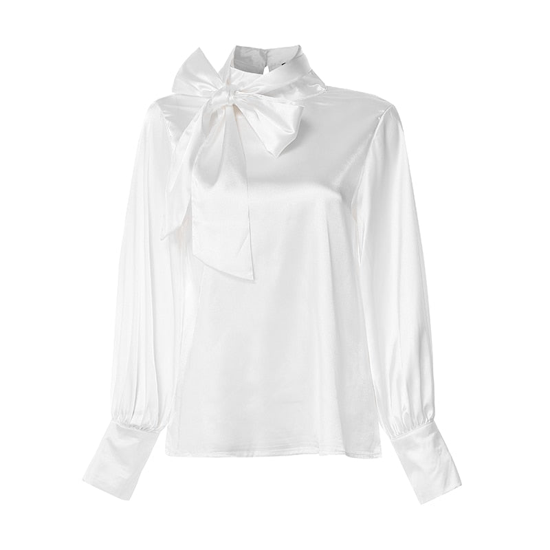 Satin Blouse WomenFashion Tunics Tops 2022 Autumn Elegant Bow Tie Lantern Sleeve Belted Shirt Casual Slik Party Blusas