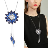 Wenkouban Sunflower Crystal Pendant Necklace Women Fashion Blue White Rhinestone Long Chain Necklaces & Pendants Jewelry