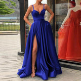 WENKOUBAN Satin royal blue spaghetti straps sweetheart sexy side slit A-A line evening dress with high slit dress