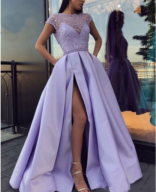 Prom Dresses 2021 with High Slit Satin Lace Beaded Purple Vestidos De Gala Evening Party Dresses Prom Gown Robe De Soiree
