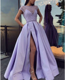 Prom Dresses 2021 with High Slit Satin Lace Beaded Purple Vestidos De Gala Evening Party Dresses Prom Gown Robe De Soiree