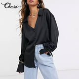 Women Satin Elegant Shirts 2022 Fashion Long Sleeve Solid Tops Autumn Ladies Casual Lapel Collar Button Party Blouses