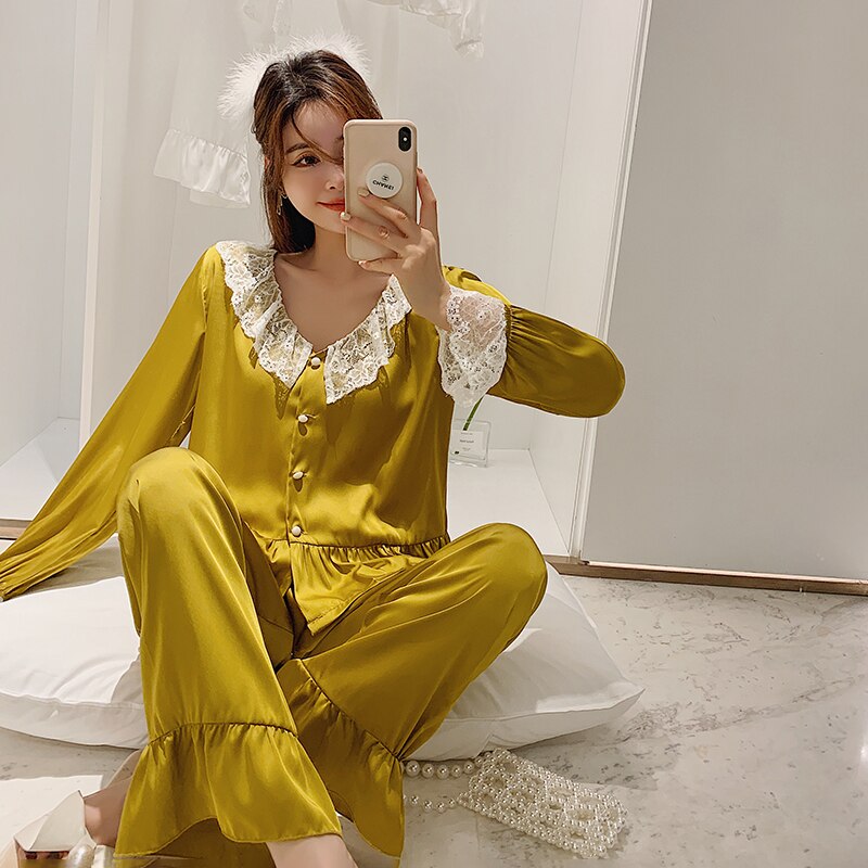 Wenkouban High Quality Women's Pajamas Set Court Style Ruffle and Lace Sleepwear Silk Like Nightie Leisure Home Clothes Nightwear