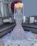 Sexy Long Prom Dresses 2021 Sheer O-neck Long Sleeve Sparkly Sequin Mermaid African Black Girls Sequin Gala Prom Dress