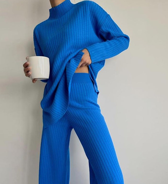 Wenkouban Back To School Women Knitted Outfits Two Piece Set Solid Casual Pullover Tops Hight Waist Long Pants Suit Autumn Winter Oversized Sweater Suits