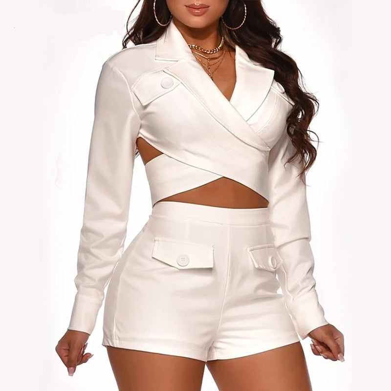 Graduation Gifts Women Soild  V-neck Buttons Criss-Cross Backless Top with Buttons Shorts Two Piece Set