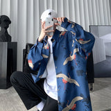 Wenkouban 2023 Japanese Streetwear Harajuku Shirts Men Hiphop Oversized Grus Japonensis Printed Shirts Short Sleeve Casual Tops