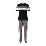 Wenkouban Plaid Striped Short Sleeve Tape Top & Drawstring Pants Set Casual Basic Women Two Piece Set